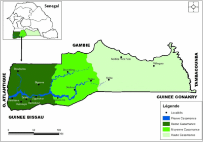 Carte du Sénégal avec les différentes parties de la Casamance